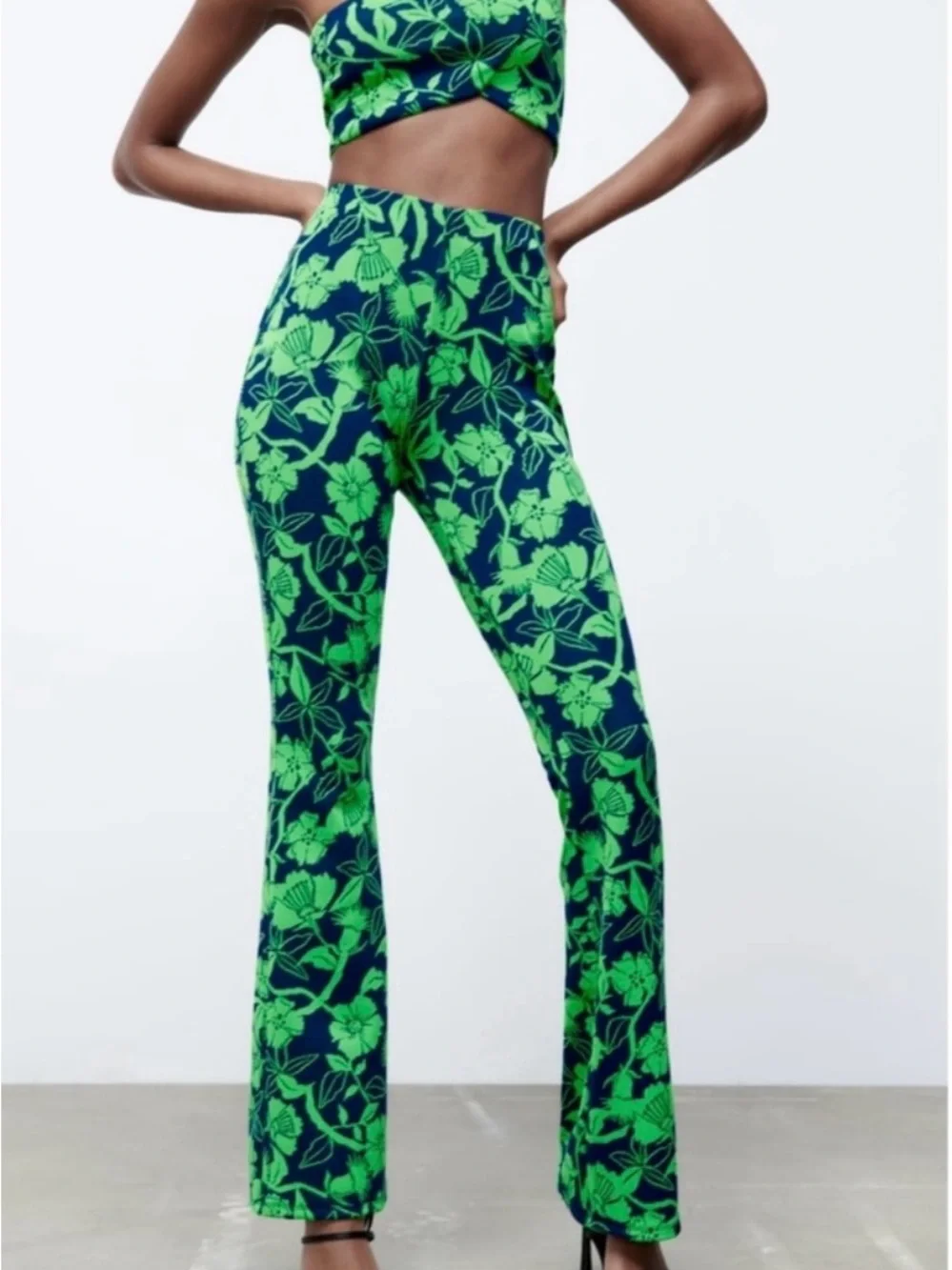 Zara Navy & Bright Green Floral High-Waist Flare Pants
